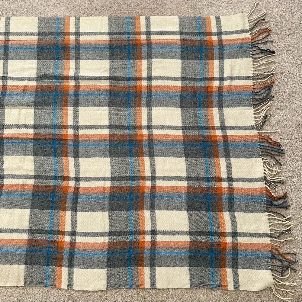 Oversized Fall Plaid Cozy Heavyweight Blanket Scarf - Cream Orange Blue Grey